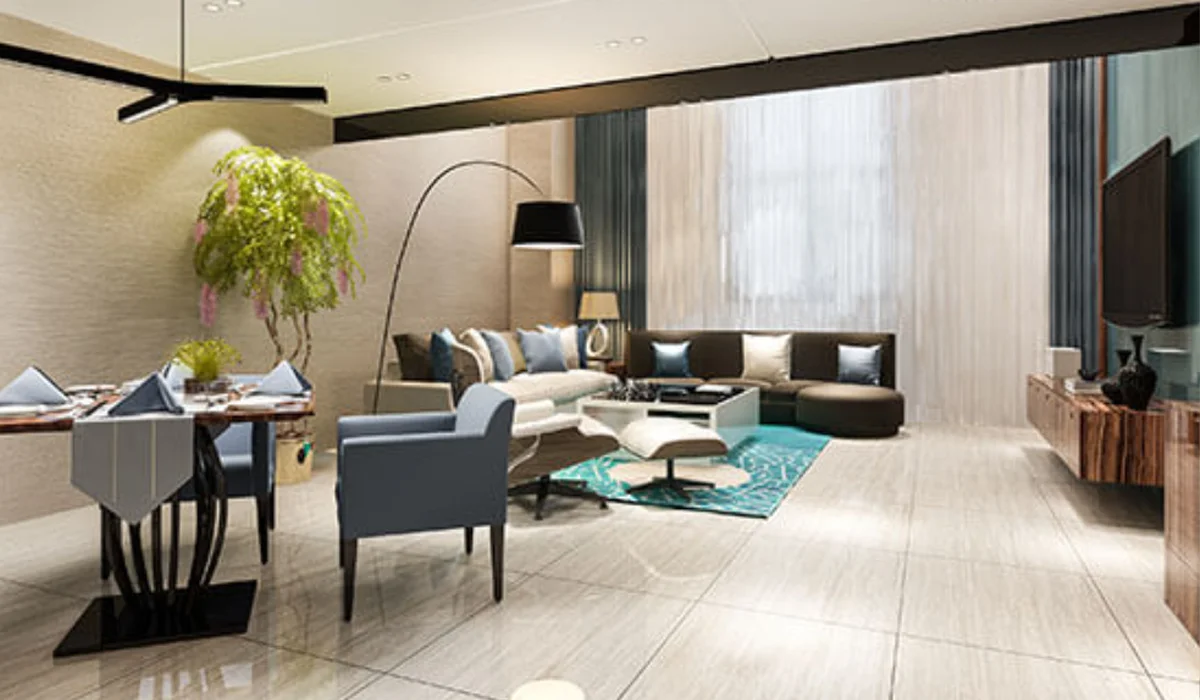 Living room with orange sofa and wooden partition